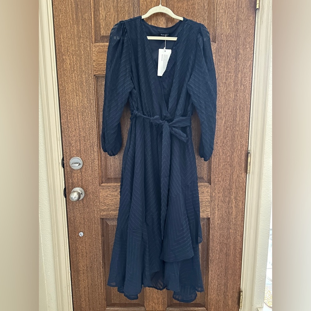 NWT Bloom Chic 14/16 Elegant Navy Wrap Dress- lined with tiered ruffle hem